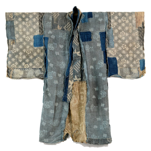 Boro Child's Kimono Katazome Florals, Genji-mon and Plovers